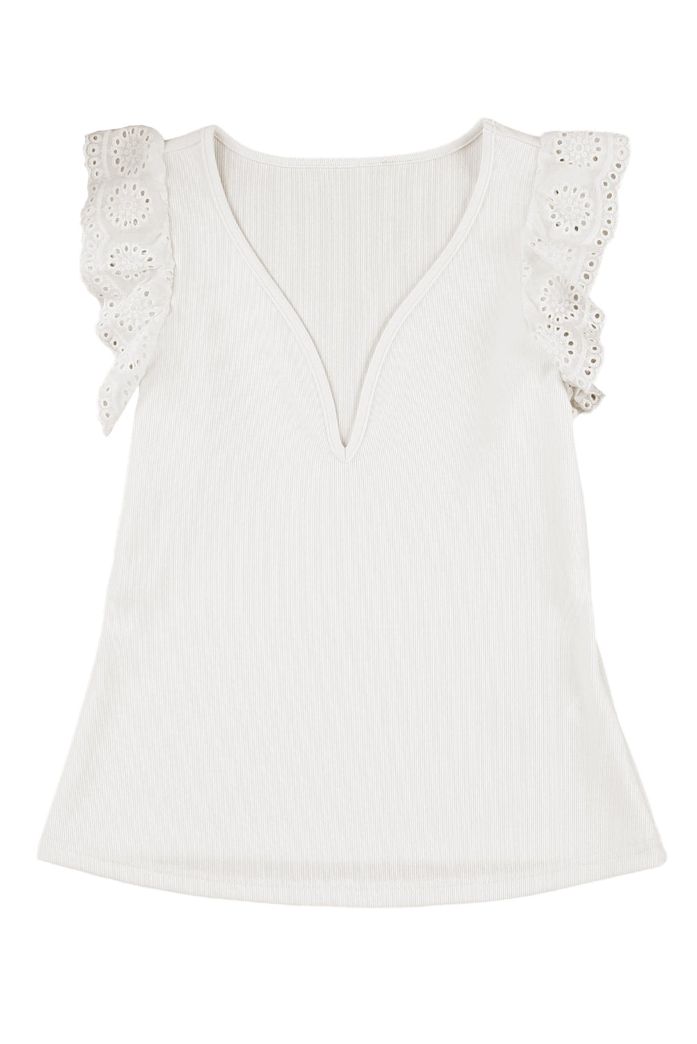 White V Neck Flutter Shoulder Ribbed Knit Top