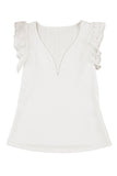 White V Neck Flutter Shoulder Ribbed Knit Top