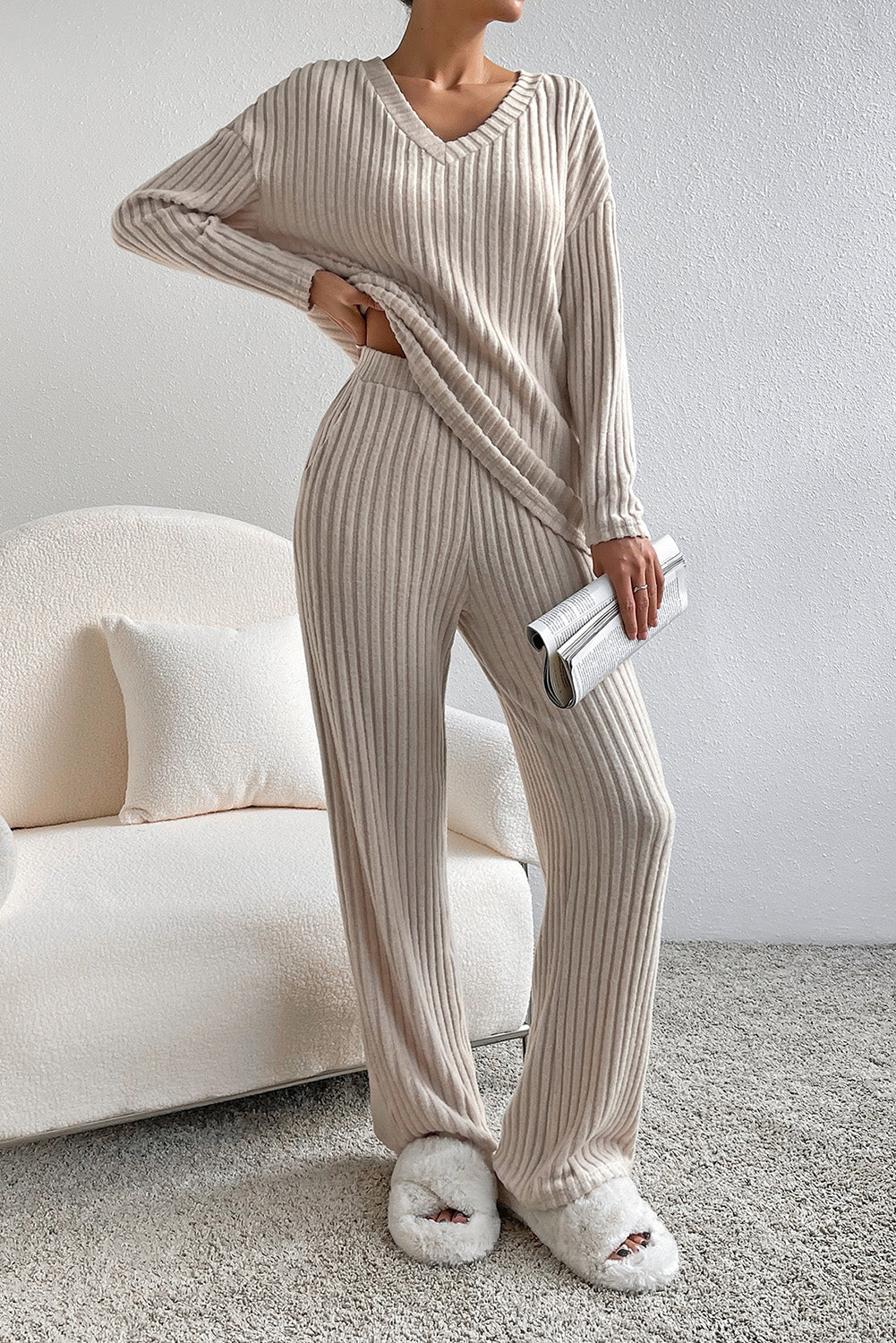 Black Plain Ribbed Loose Fit Two Piece Lounge Set