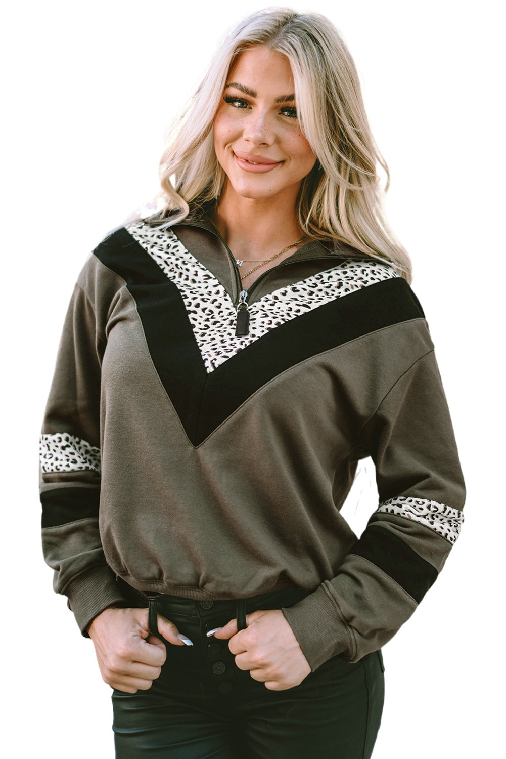 Leopard Contrast Splicing Quarter Zip Sweatshirt