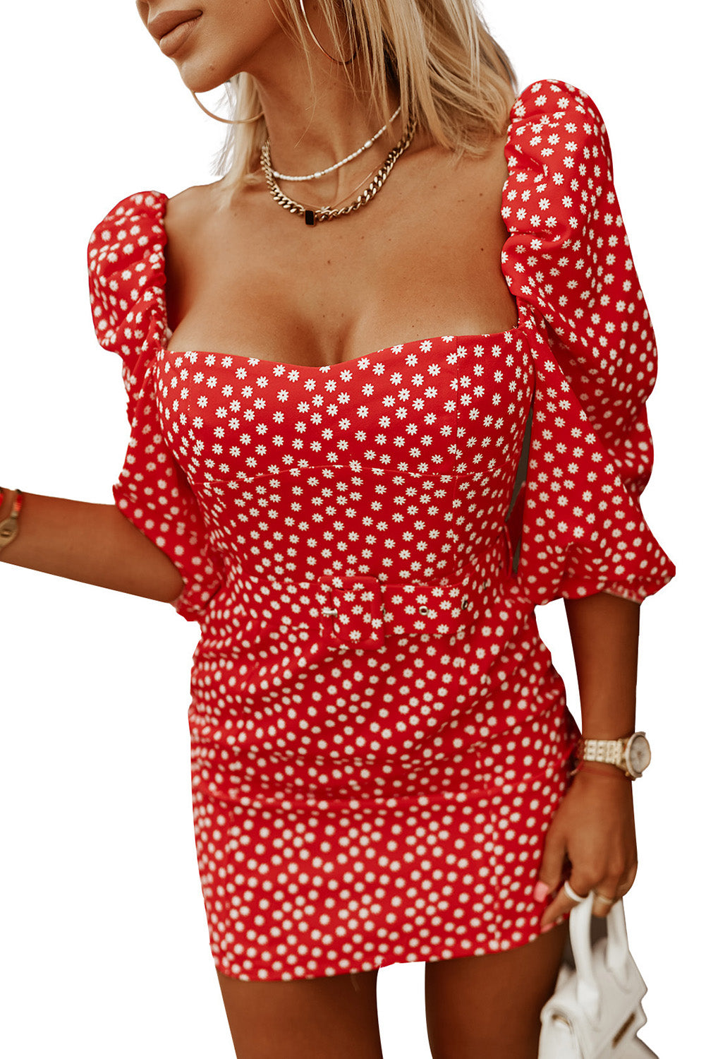 Daisy Print Square Neck Puff Sleeve Mini Dress