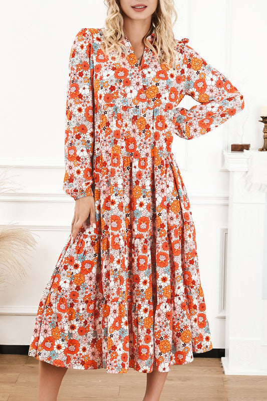 Robe bohème multicolore à col floral et manches longues à volants