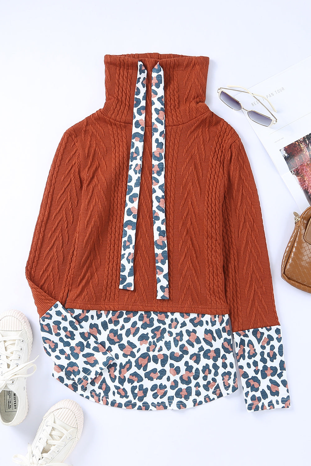 Leopard Patchwork Cowl Neck Knit Top