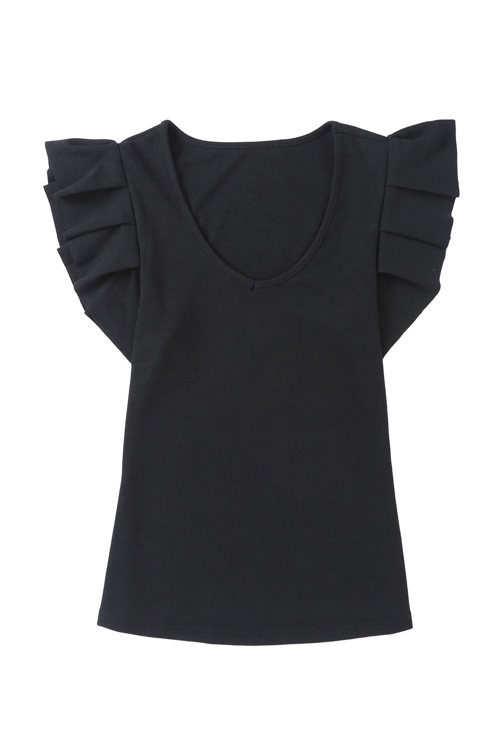 Rib Knitted Ruffle Sleeve U Neck Top