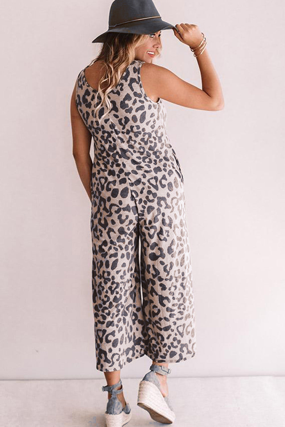 Print Pockets Wide Leg Sleeveless Jumpsuit