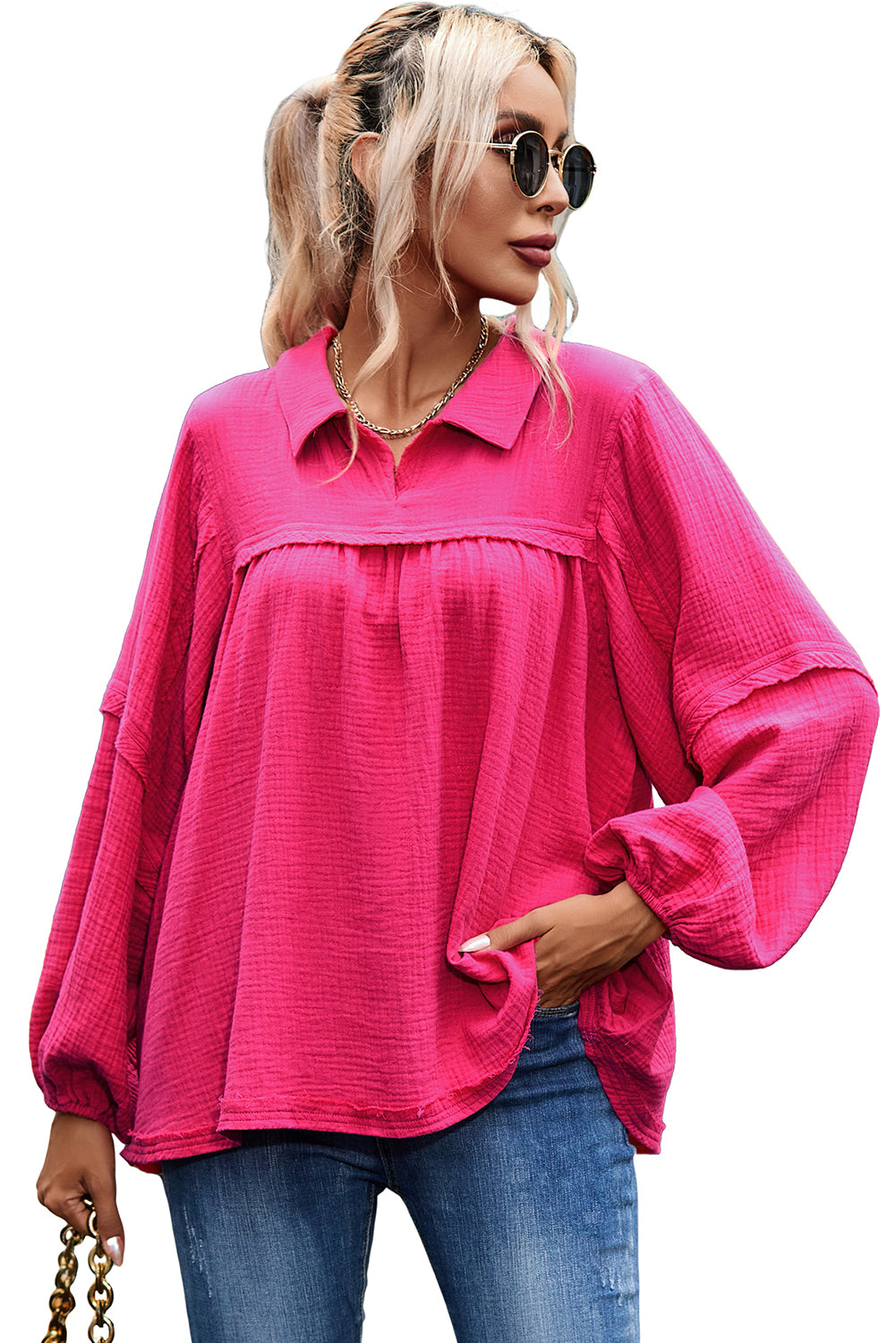 Crinkle Collared V-Neck Bubble Sleeve Flowy Blouse