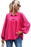 Crinkle Collared V-Neck Bubble Sleeve Flowy Blouse