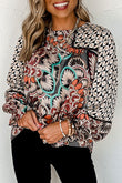 Mixed Floral Geometric Print Ruffled Long Sleeve Blouse