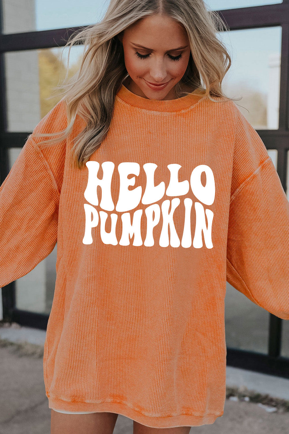 Orange Spooky Season Ghost Print Ribbed Pullover Sweatshirt