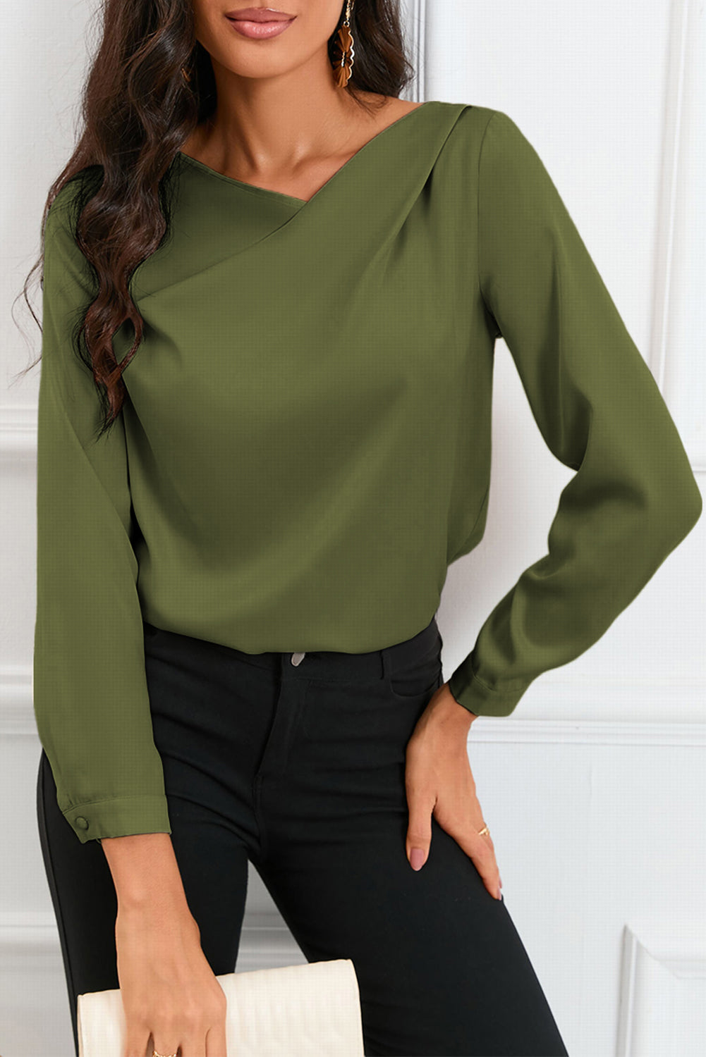 Solid Asymmetric V Neck Long Sleeve Satin Blouse