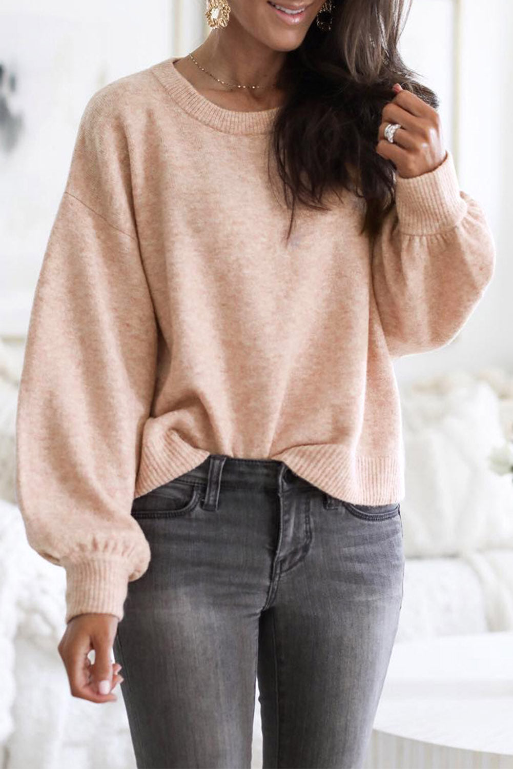 Ribbed Trim Balloon Sleeve Sweater