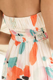 Strapless Shirred Abstract Print Split Long Dress