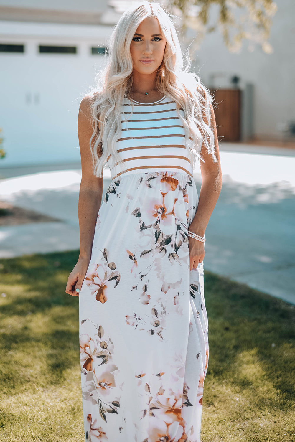 Striped Floral Print Sleeveless Maxi Dress with Pocket