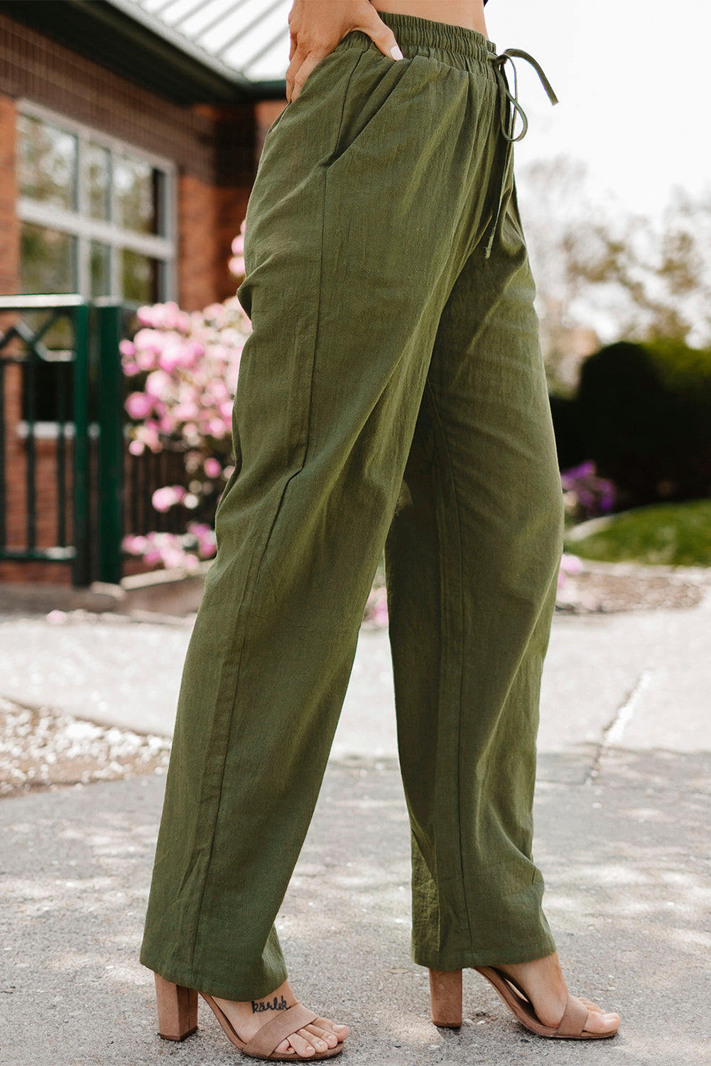 Drawstring Elastic Waist Pockets Long Straight Legs Pants