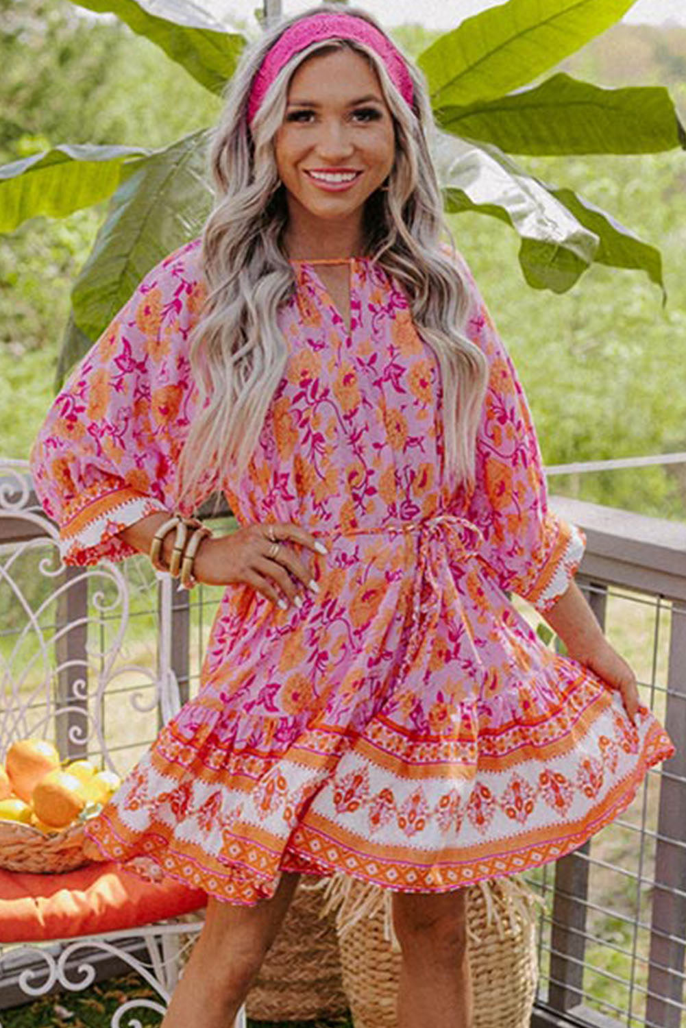 3/4 Sleeve Boho Floral Belted Mini Dress