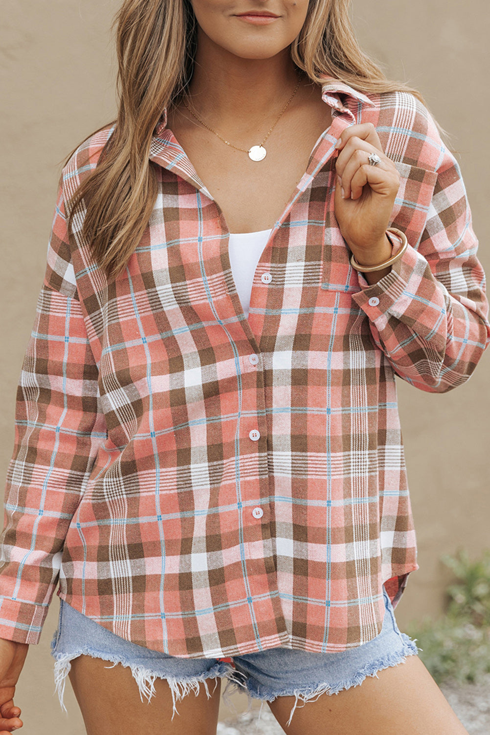 Chemise orange à motif écossais à épaules tombantes et ourlet arrondi