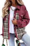 Brown Plaid Patchwork Pockets Denim Jacket