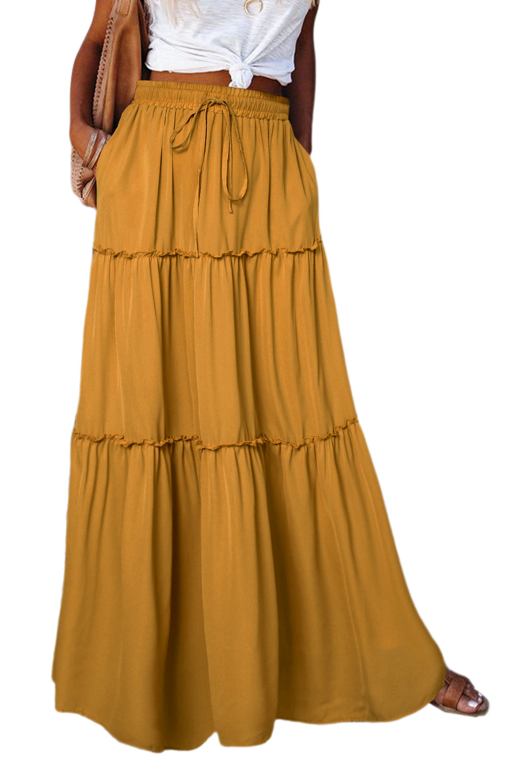 Frill Tiered Drawstring Waist Maxi Skirt