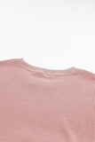 Pink Solid Ribbed Knit Round Neck Pullover Sweatshirt