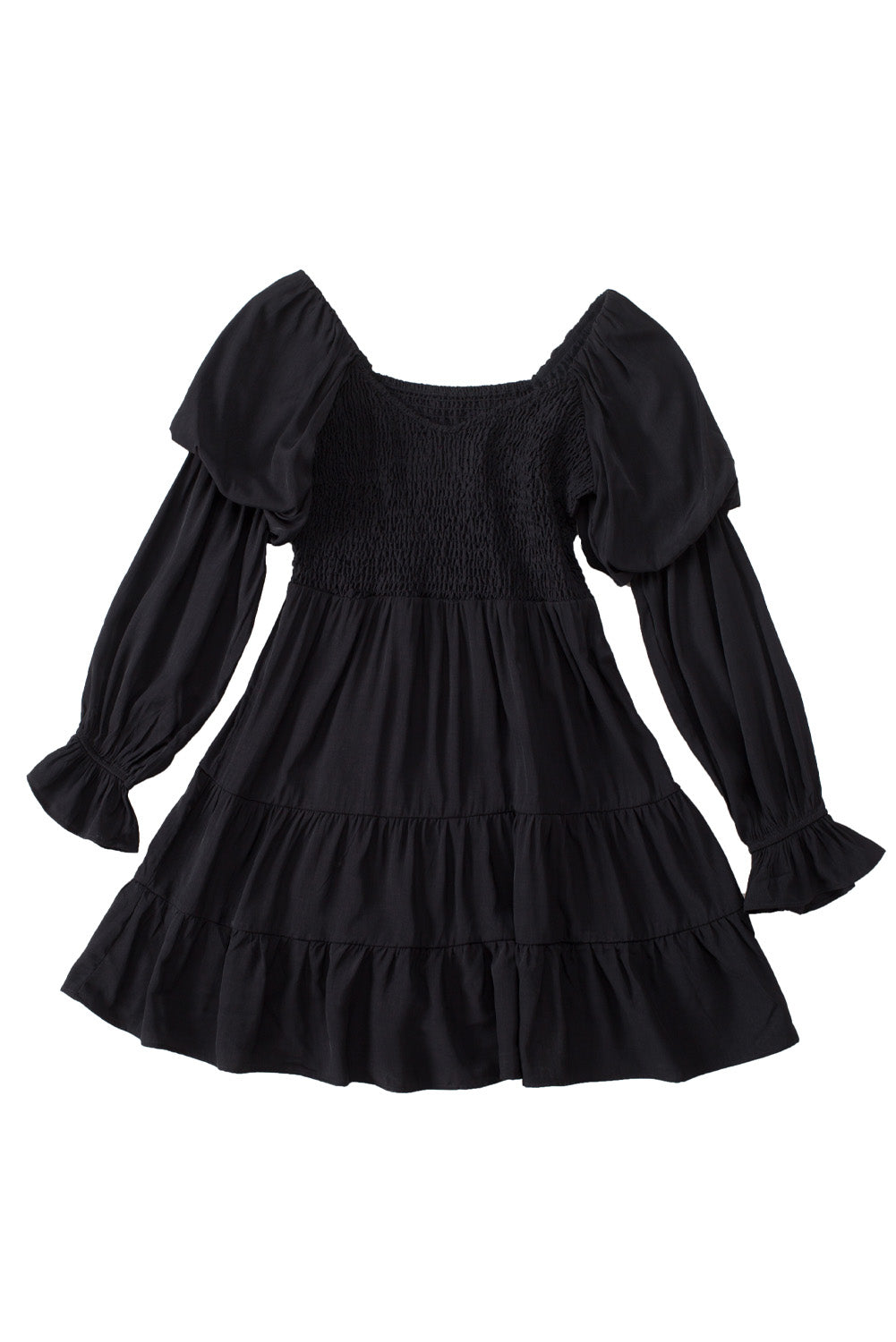 Mini-robe bohème noire unie à volants froncés