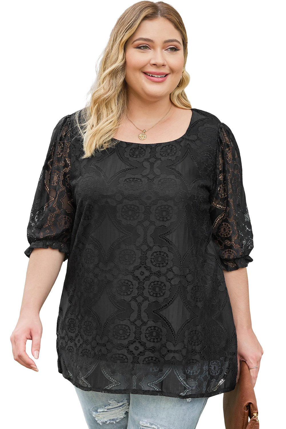 Plus Size Lace Crochet Square Neck Blouse