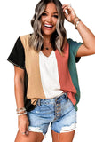 Multicolor Colorblock V Neck Short Sleeve Top