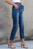 Seamed Stitching High Waist Knot Skinny Jeans