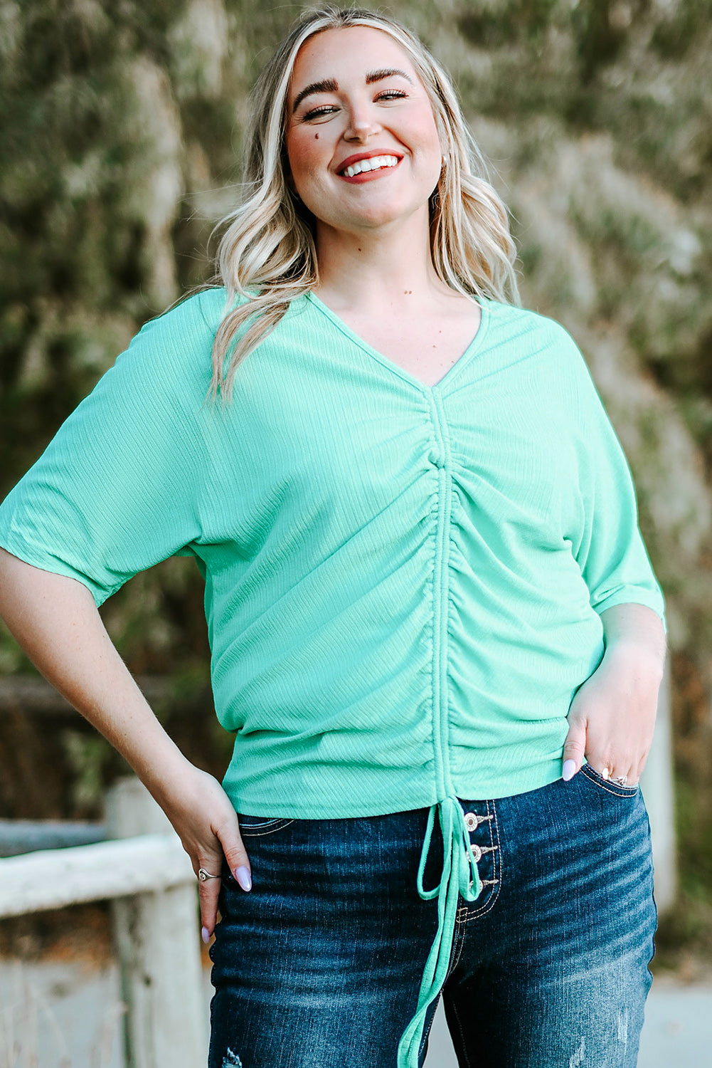 Plus Size Ruched Rib Drawstring V Neck Top