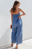 Spaghetti Straps Frilled Neckline Pocketed Wide Leg Denim Jumpsuit