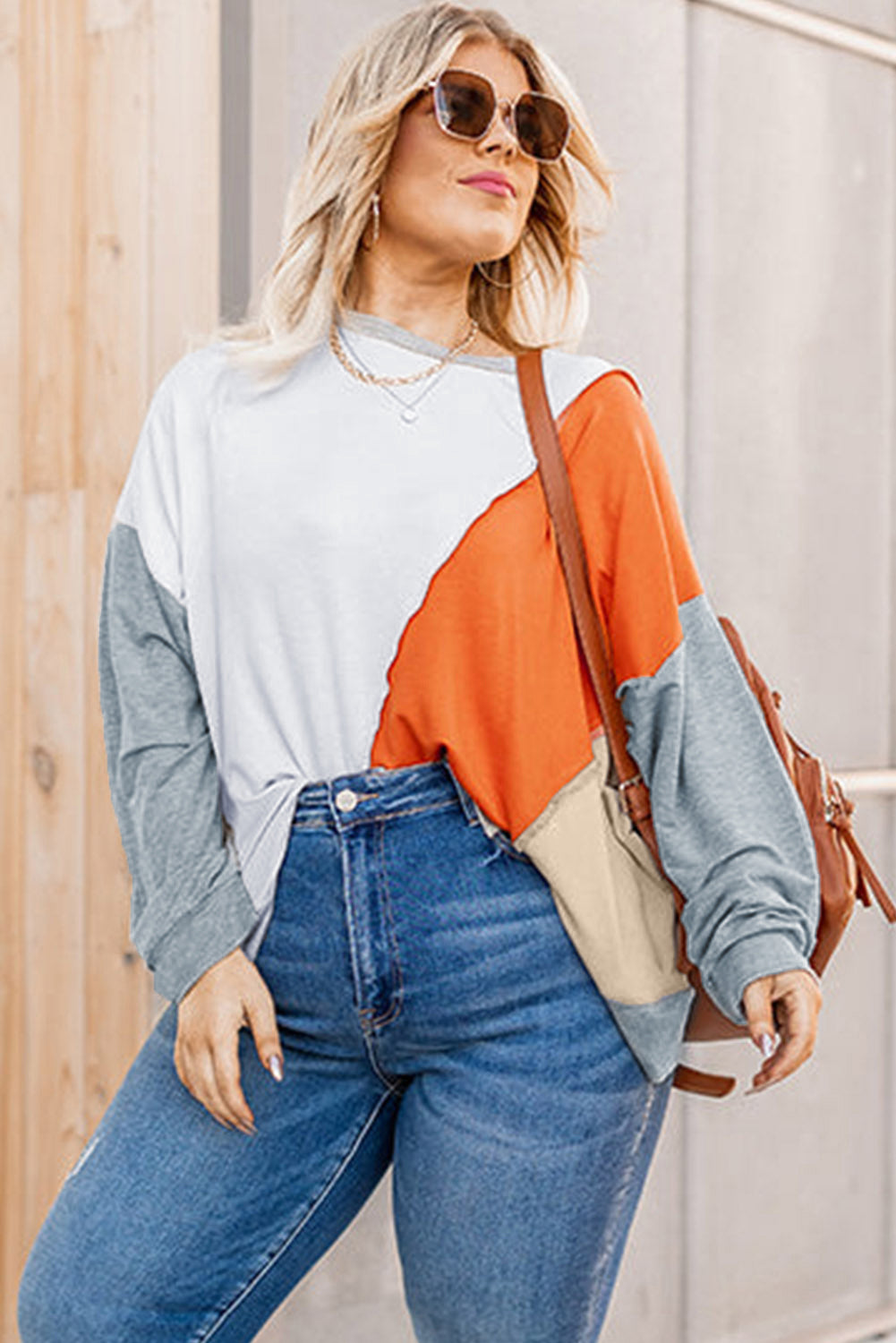 Colorblock Stitching Irregular Hem Long Sleeve Top