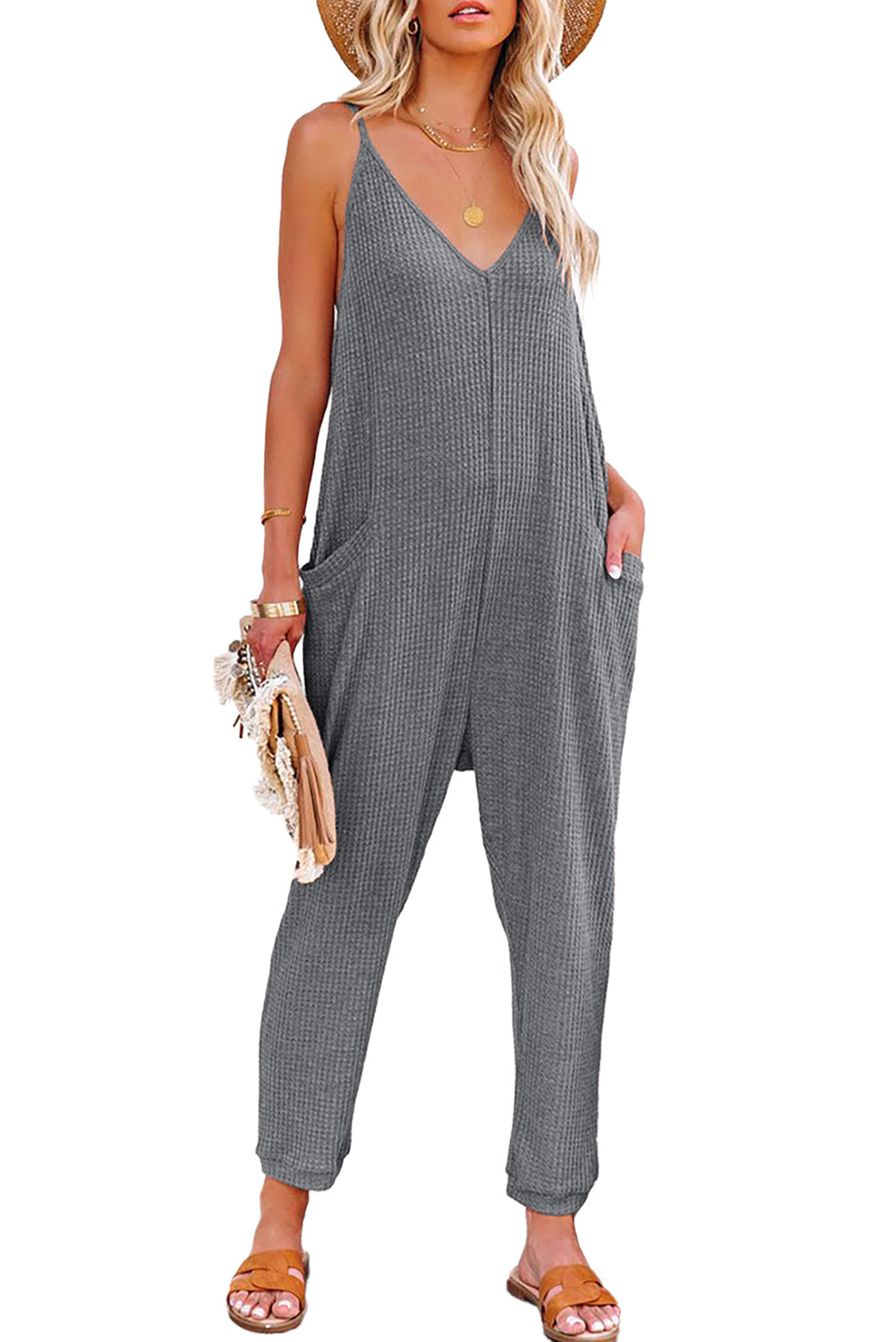 Textured Sleeveless V-Neck Pocketed Casual Jumpsuit