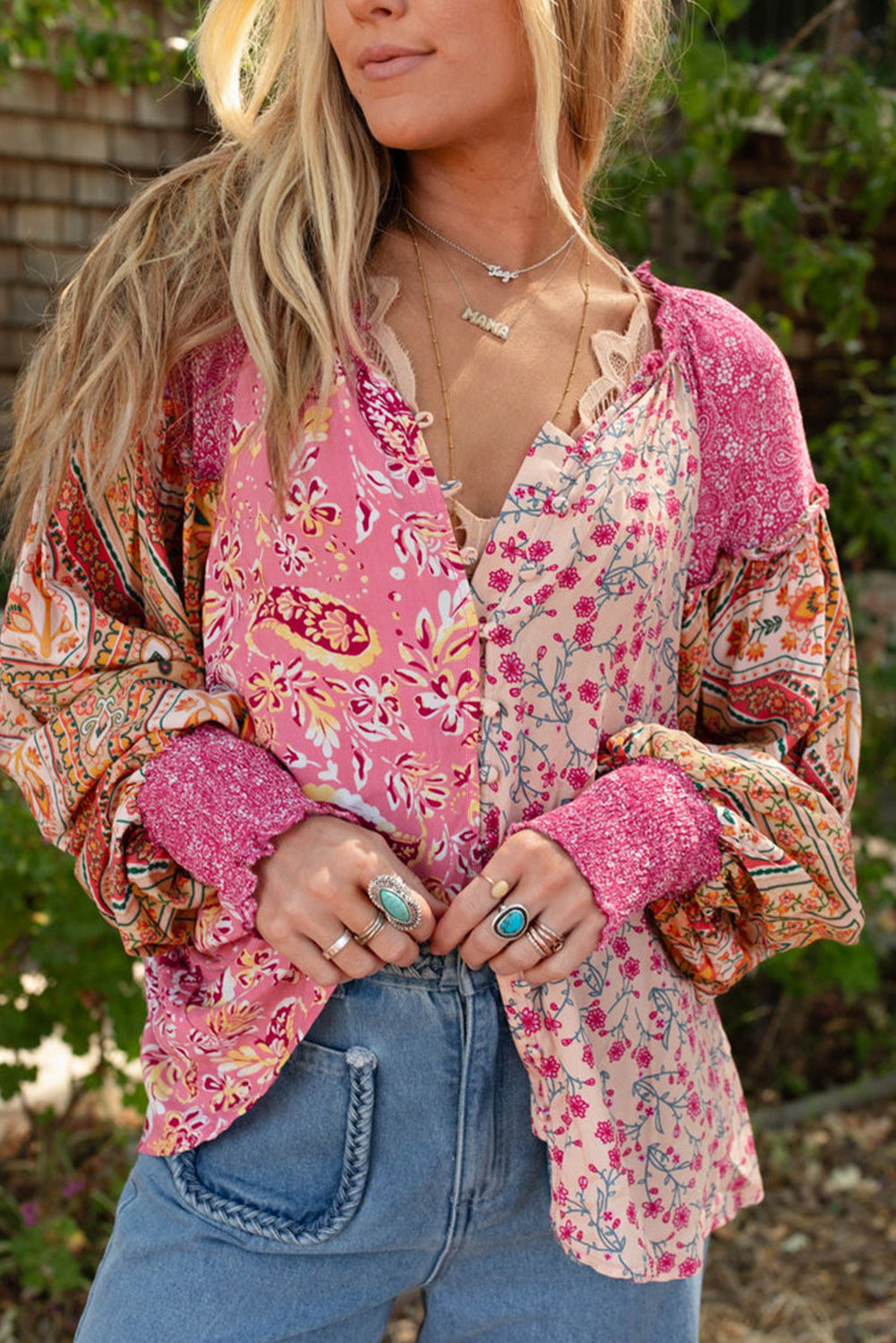 Pink Mixed Floral Printed Puff Sleeve V-Neck Shirt