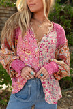 Pink Mixed Floral Printed Puff Sleeve V-Neck Shirt