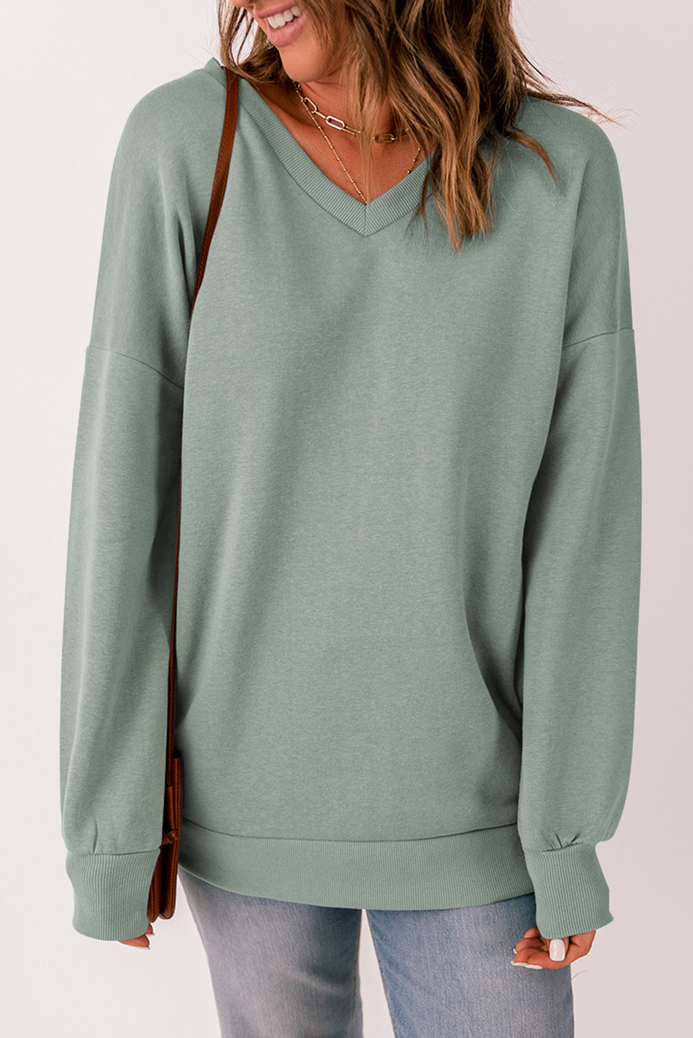 Ribbed V Neck Drop Shoulder Sweatshirt