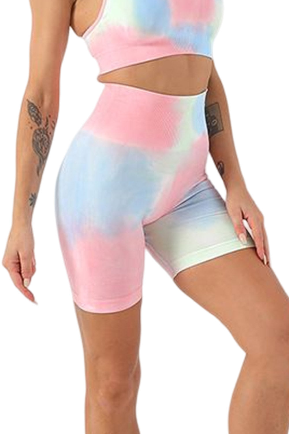 Short de yoga skinny taille haute bleu ciel tie-dye contrôle du ventre