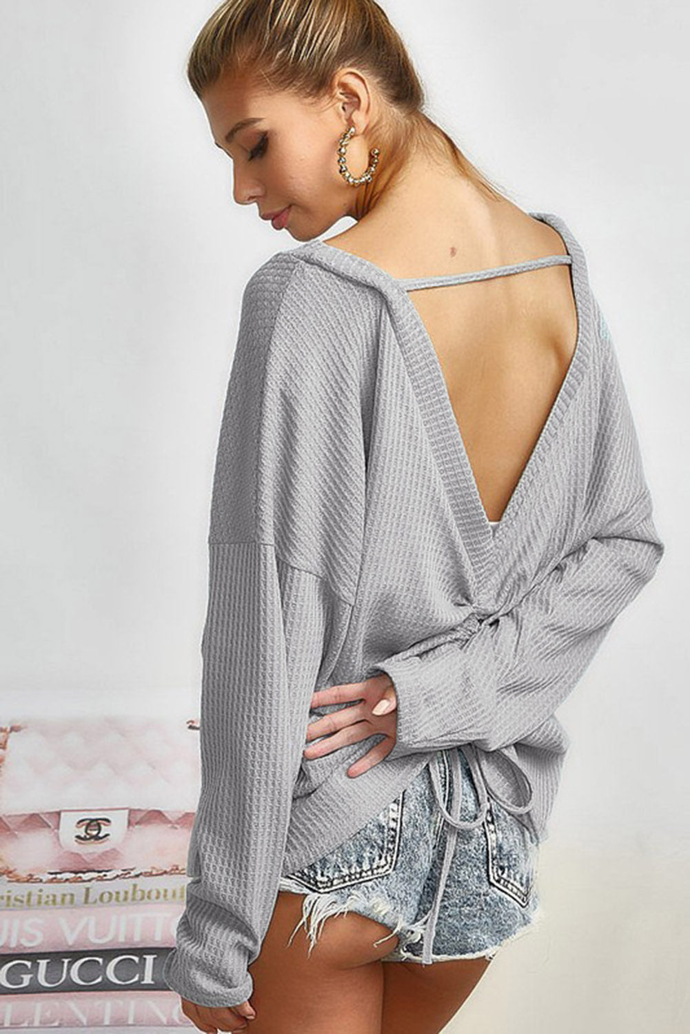 Gray V Cut Drawstring Back Waffle Knit Long Sleeve Top