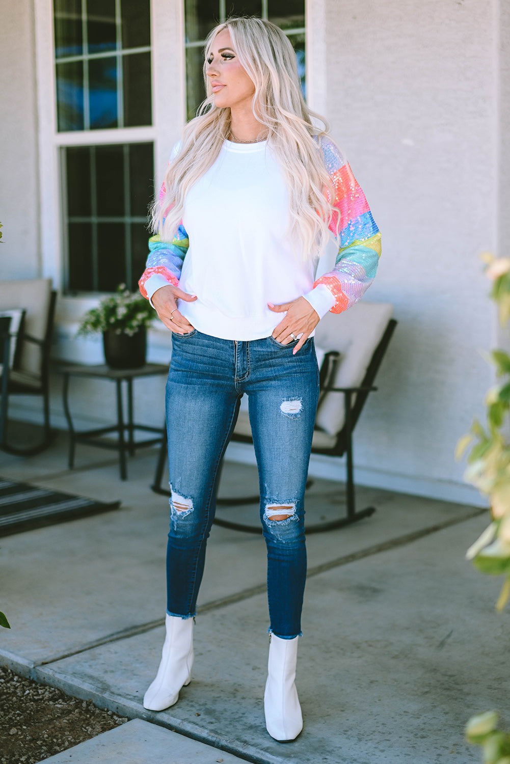 Sequin Color Block Raglan Sleeve Pullover Sweatshirt