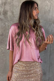 Glitter Chest Pocket Round Neck Long Sleeve Top