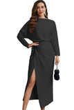 Satin Wrap Tie Side Boat Neck Long Sleeve Dress