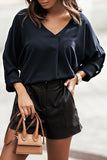 V Neck 3/4 Sleeve High Low Hem Shirt