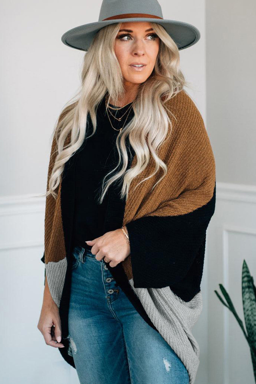 Gray Neutral Colorblock Drapey Cardigan