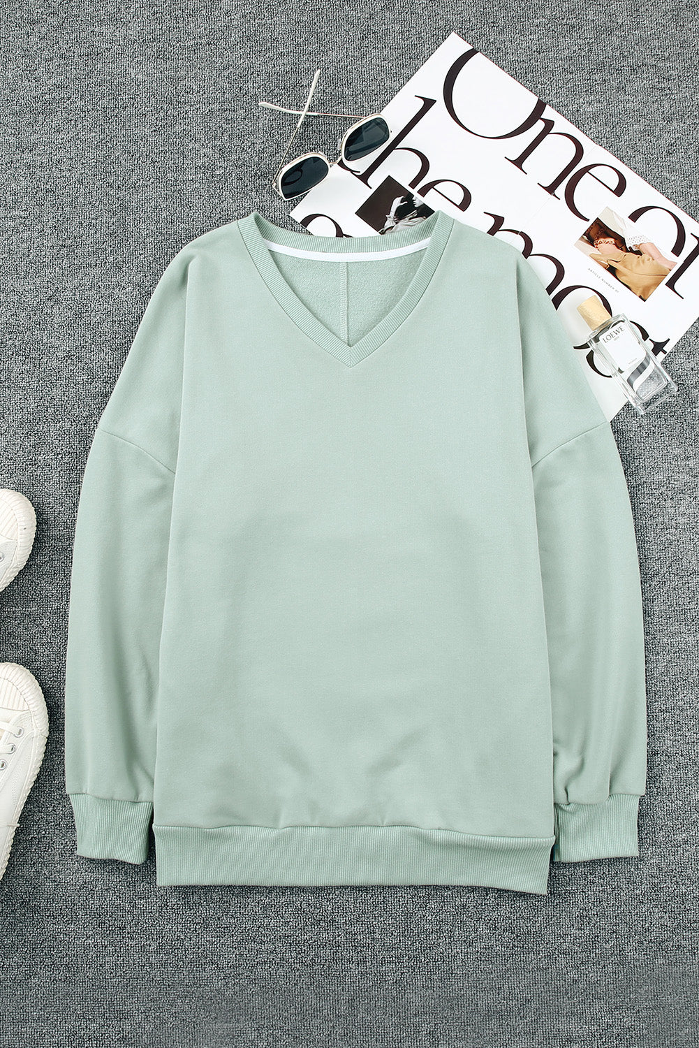 Ribbed V Neck Drop Shoulder Sweatshirt