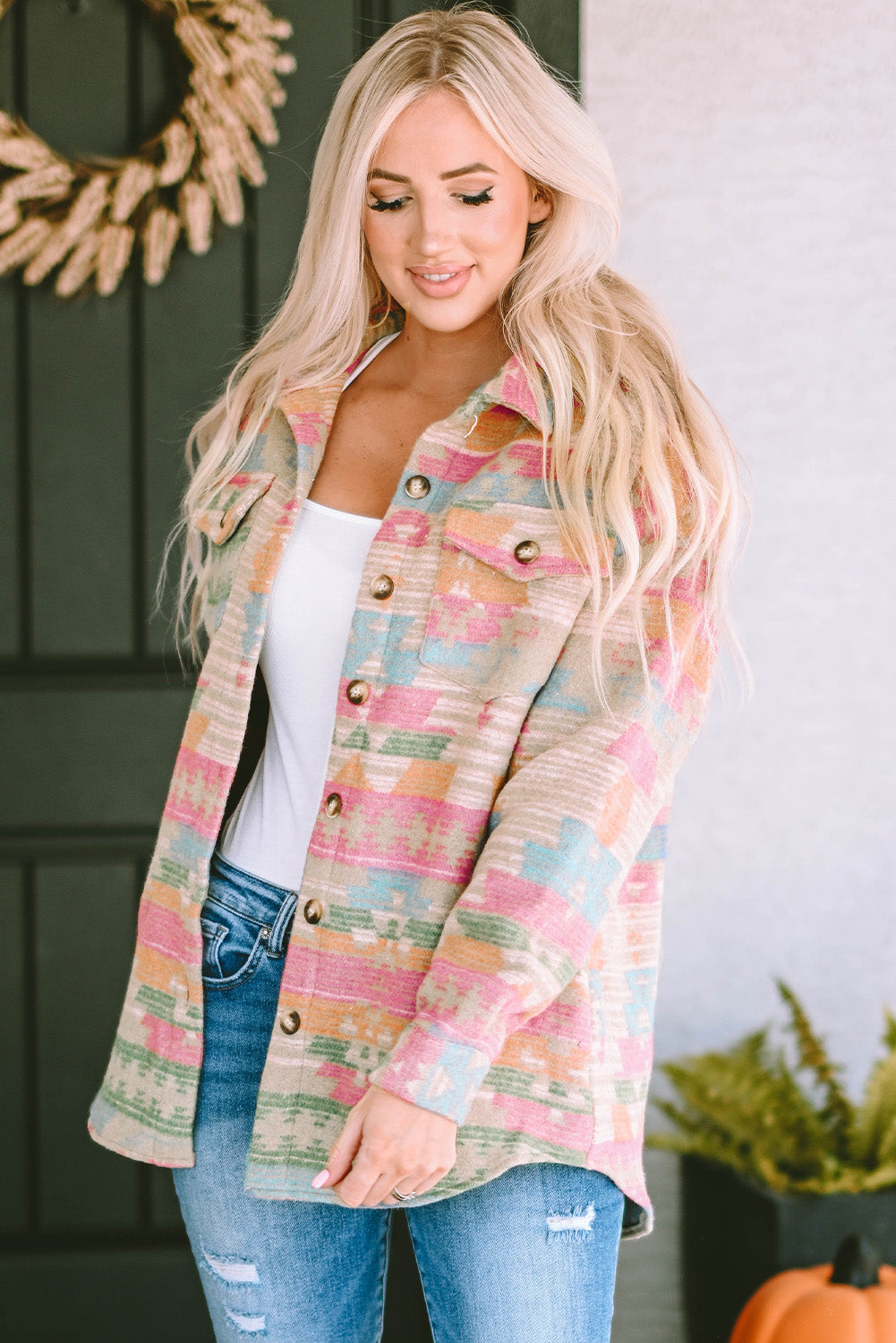 Multicolor Plus Size Flap Pockets Aztec Print Jacket