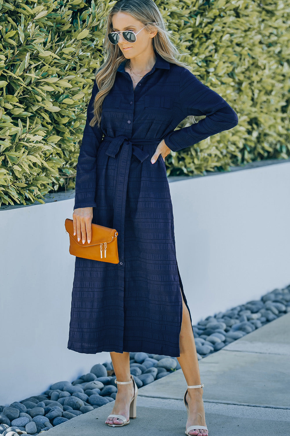 Crinkle Textured Long Sleeve Shirt Dress with Belt