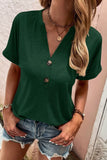 Button V Neck Rolled Sleeve T Shirt