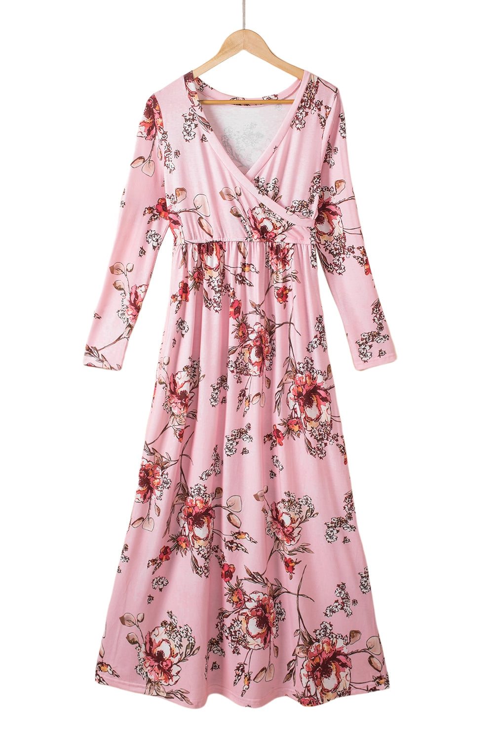 Wrapped V Neck Floral Long Sleeve Empire Maxi Dress