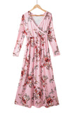 Robe longue empire enveloppée à col en V et manches longues à fleurs rose