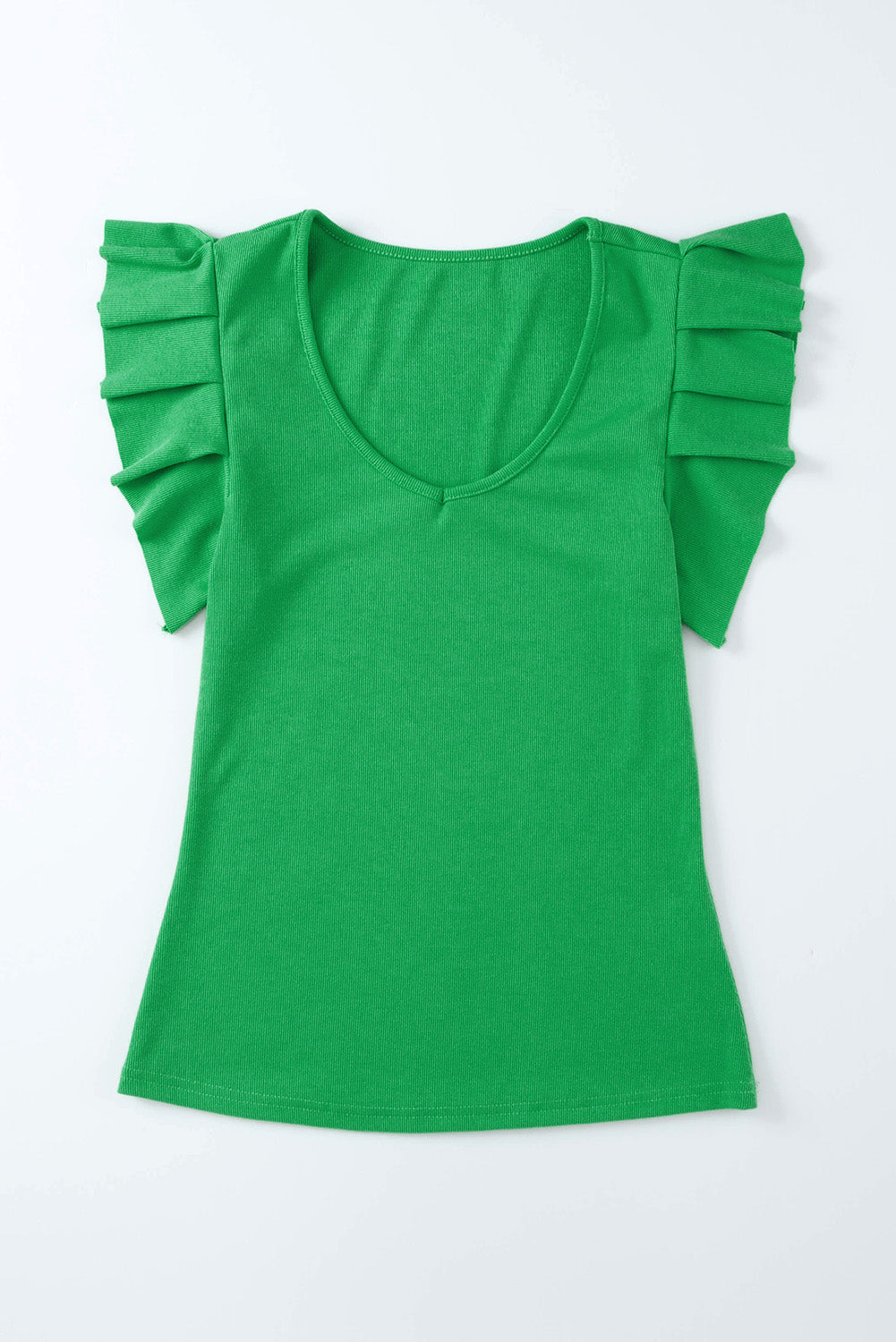 Rib Knitted Ruffle Sleeve U Neck Top