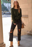 Green Textured Knit Round Neck Dolman Sleeve Sweater