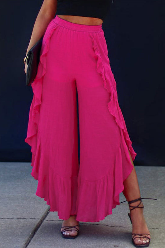 Ruffle Slit High Waist Wide Leg Pants